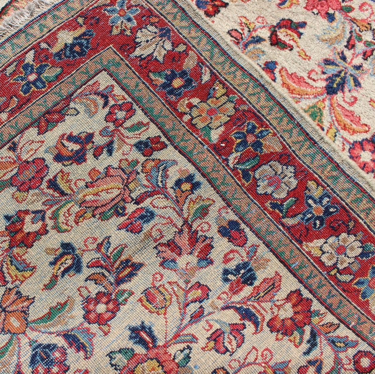 Early 20th Century Antique Persian Sarouk Rug with All-Over Floral Design in Rich Red and Ivory For Sale