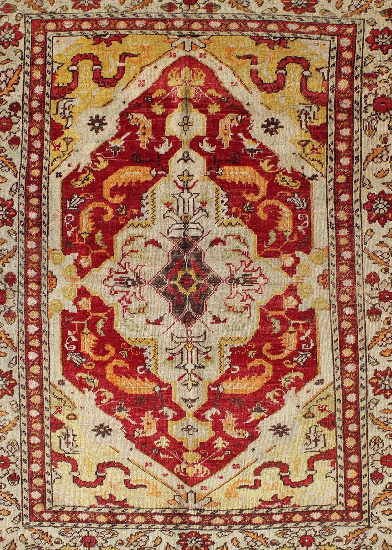 Oushak Antique Turkish Fine Sivas rug with center  medallion in Red, yellow & Green For Sale