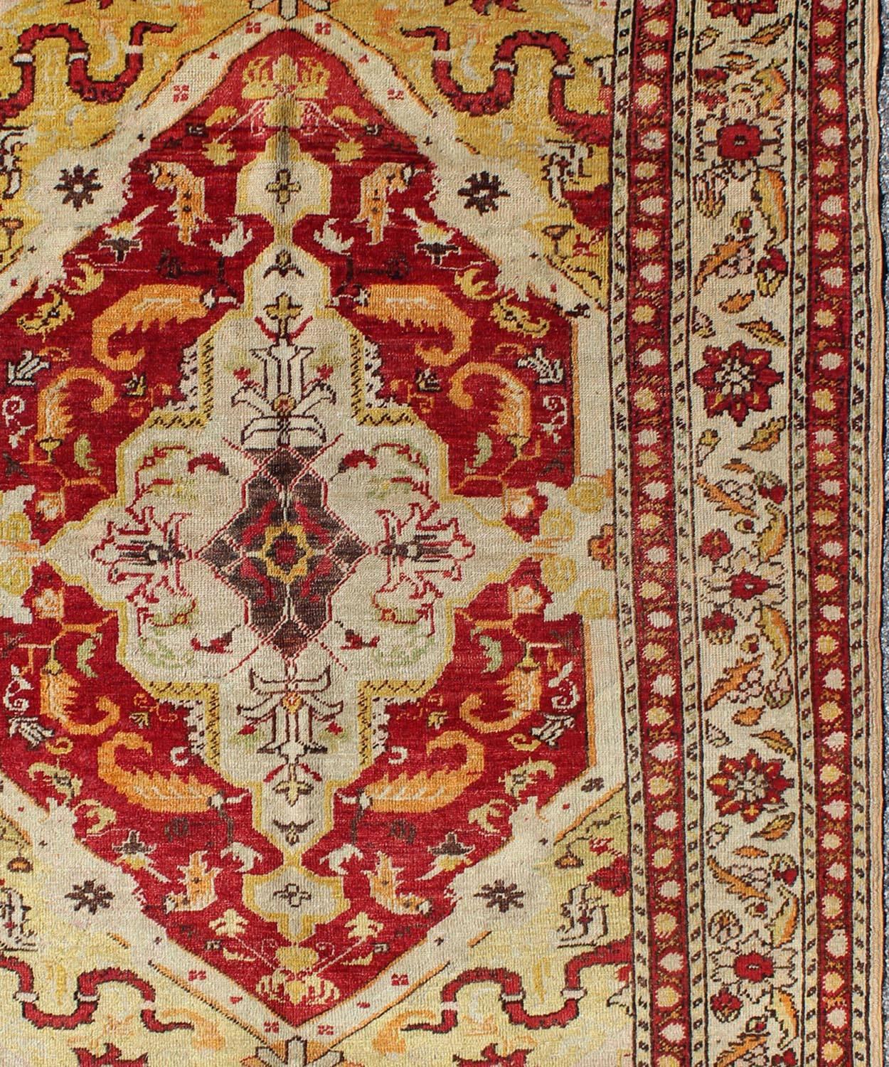 Hand-Knotted Antique Turkish Fine Sivas rug with center  medallion in Red, yellow & Green For Sale