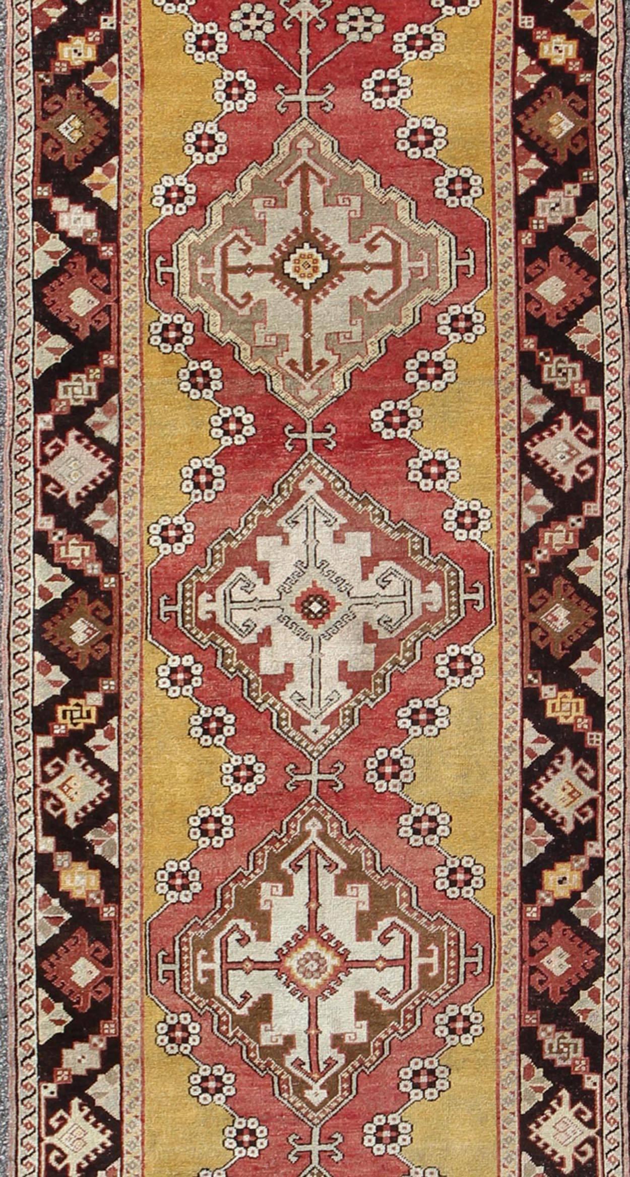 Antique Turkish Oushak Long Runner with Medallions in Brown and Goldish Yellow  In Good Condition For Sale In Atlanta, GA