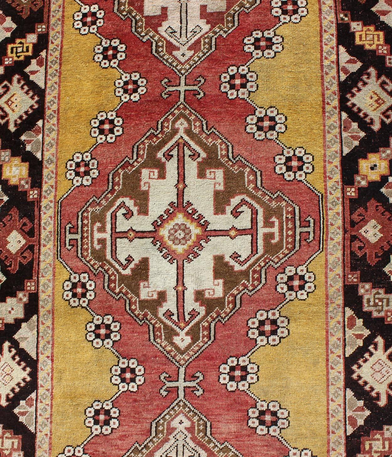Wool Antique Turkish Oushak Long Runner with Medallions in Brown and Goldish Yellow  For Sale