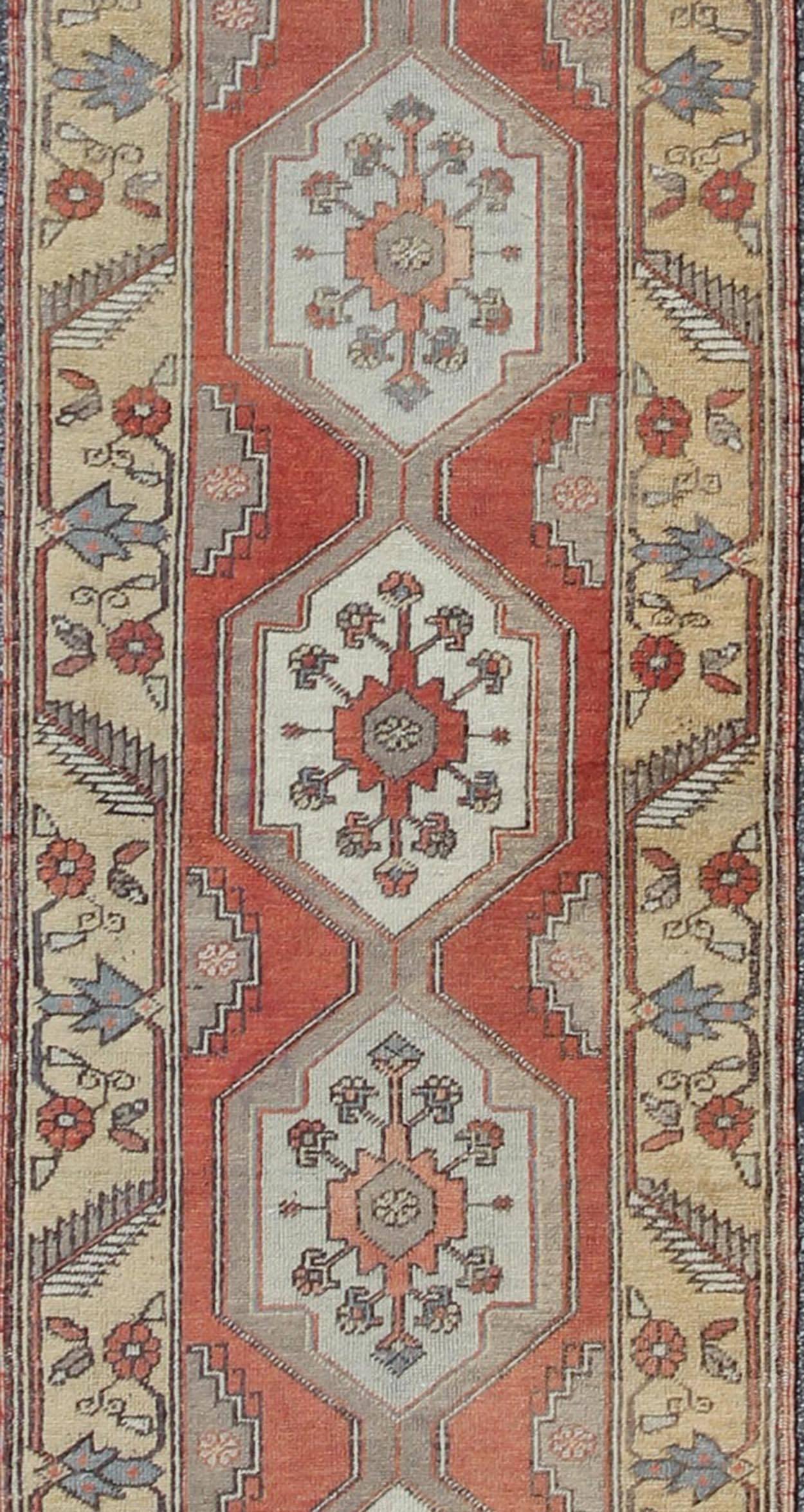 Turkish Sub-Geometric Tribal Vintage Oushak Runner from Early 20th Century Turkey For Sale