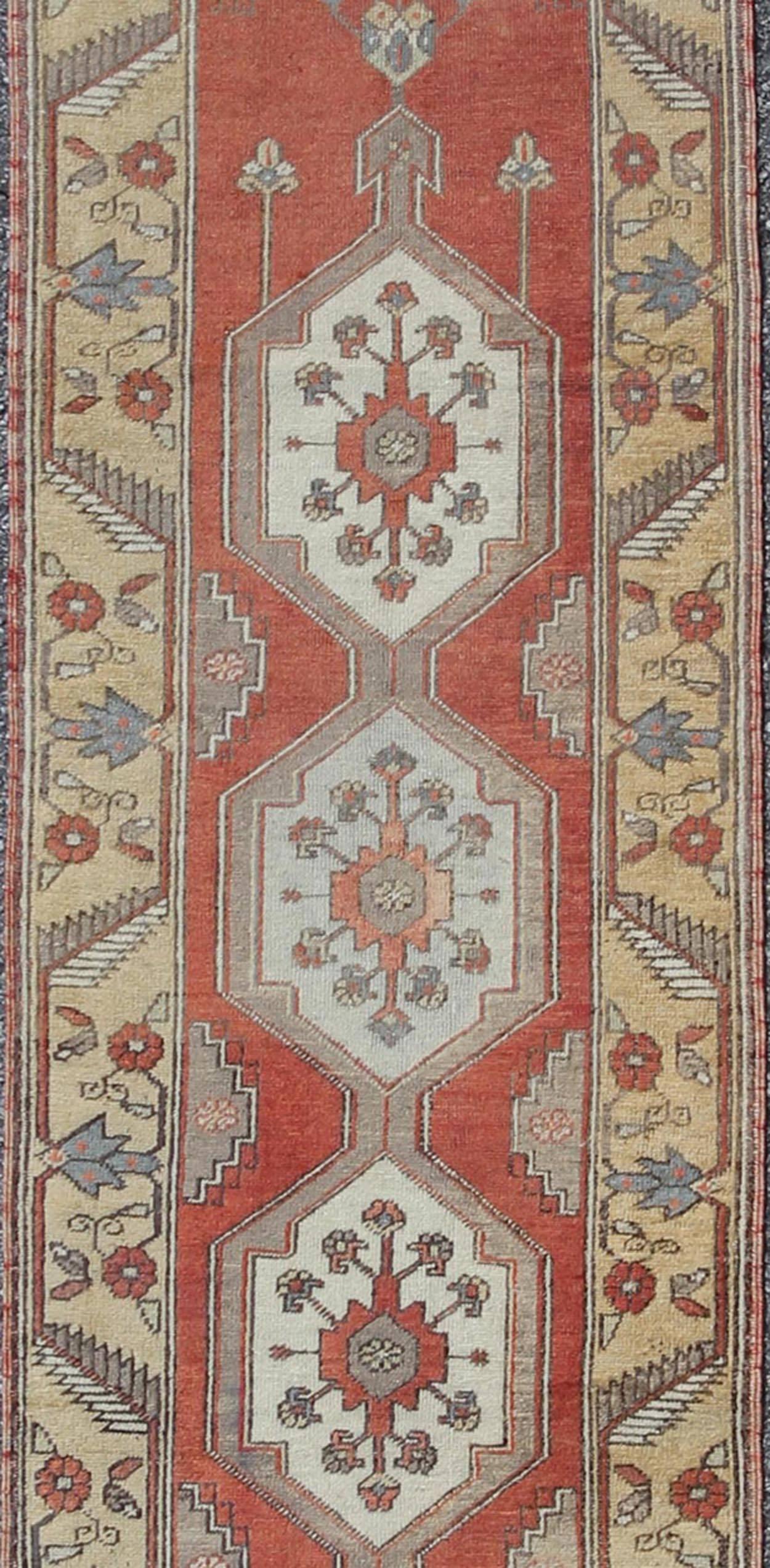 Hand-Knotted Sub-Geometric Tribal Vintage Oushak Runner from Early 20th Century Turkey For Sale
