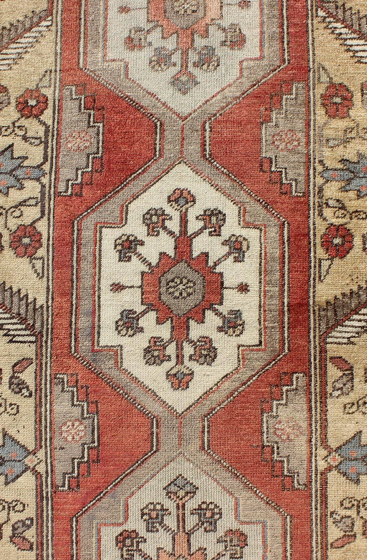 Wool Sub-Geometric Tribal Vintage Oushak Runner from Early 20th Century Turkey For Sale