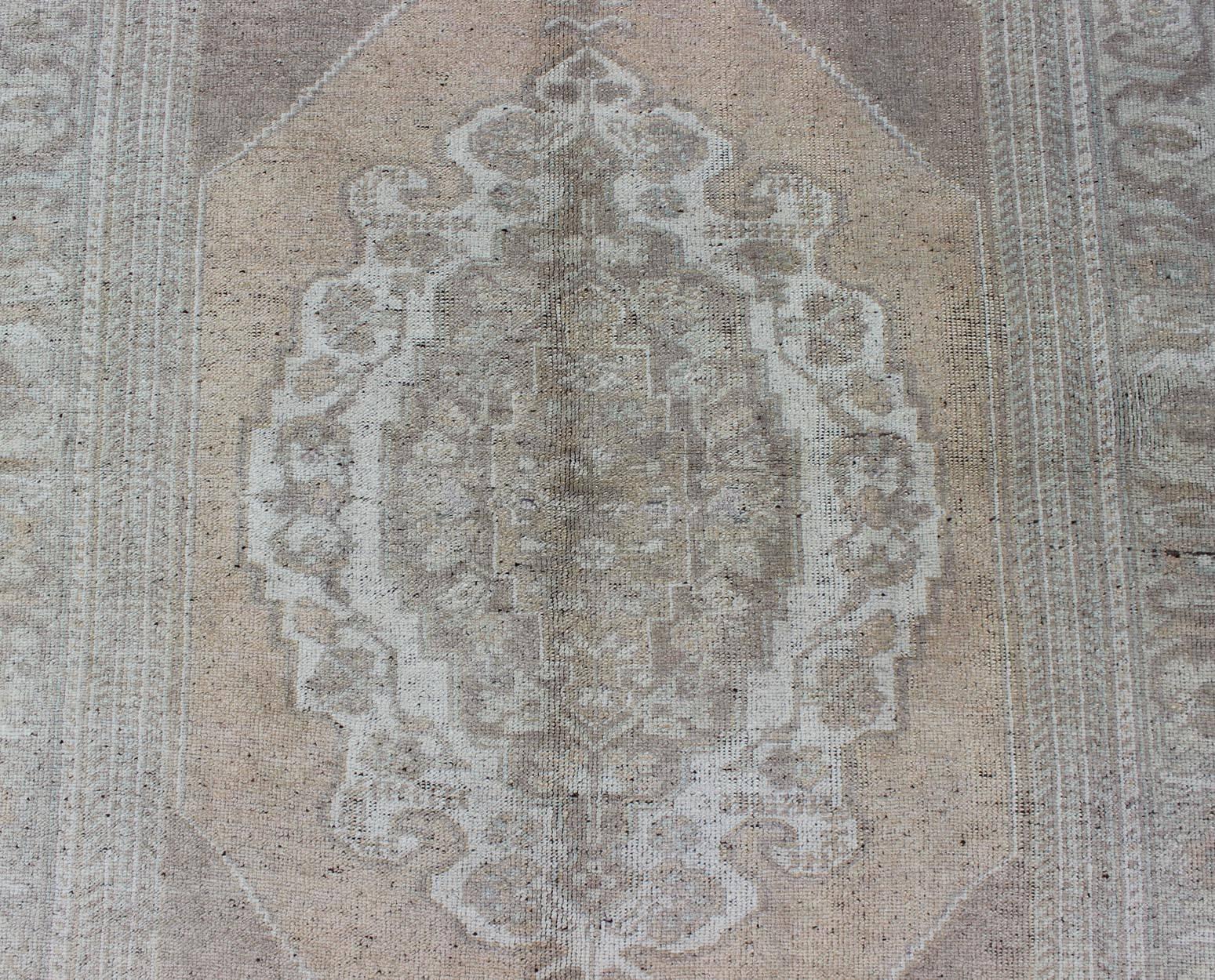 Muted Colors Vintage Turkish Oushak Rug with Medallion Design in Lt. Green For Sale 1