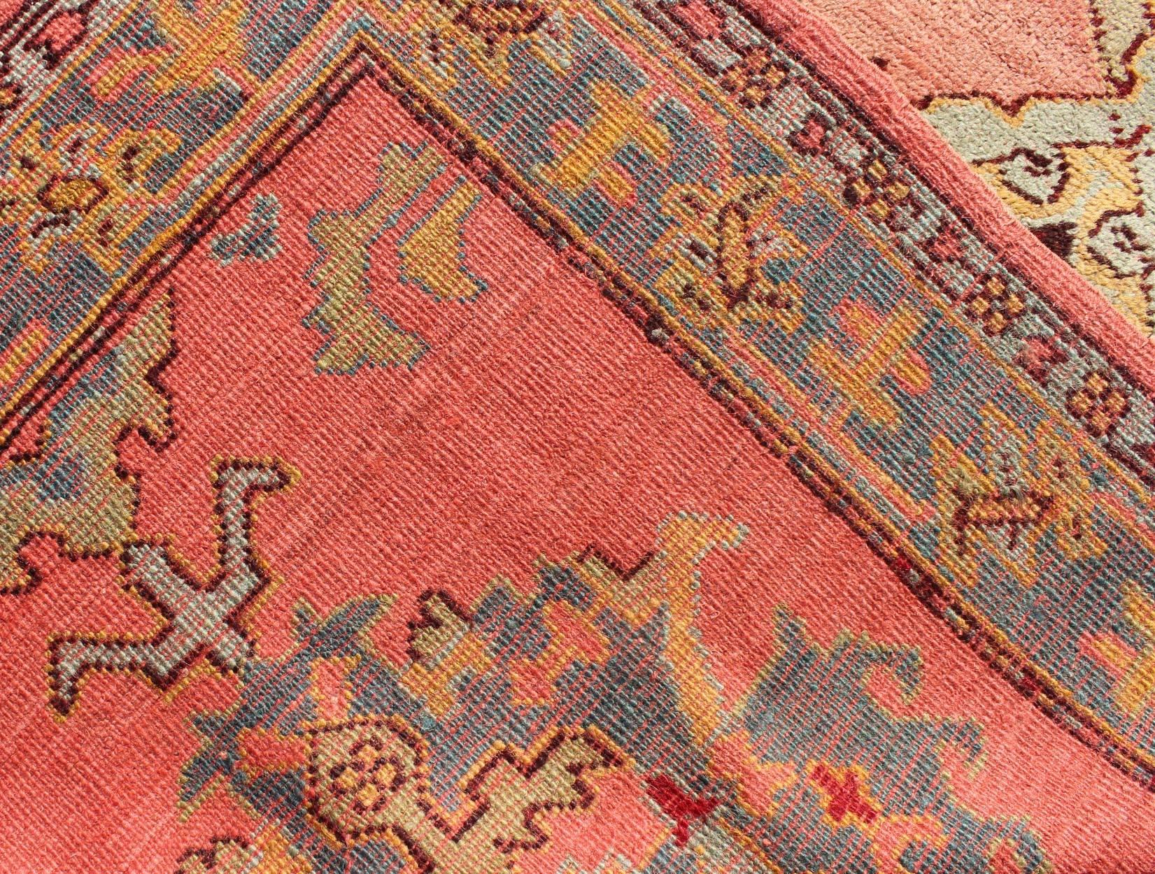 Antique Turkish Oushak Runner with Medallions in Coral Background & Green Border For Sale 2