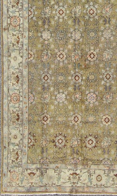 Green Background Antique Oushak Rug with Silver and Light Blue Border