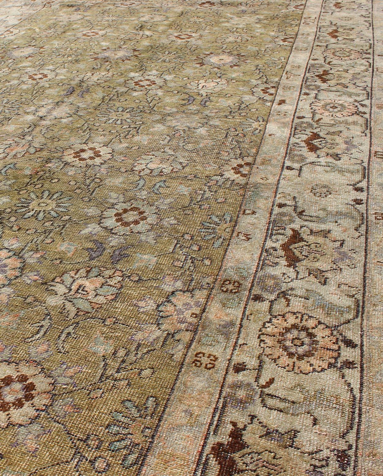 Green Background Antique Oushak Rug with Silver and Light Blue Border In Good Condition For Sale In Atlanta, GA