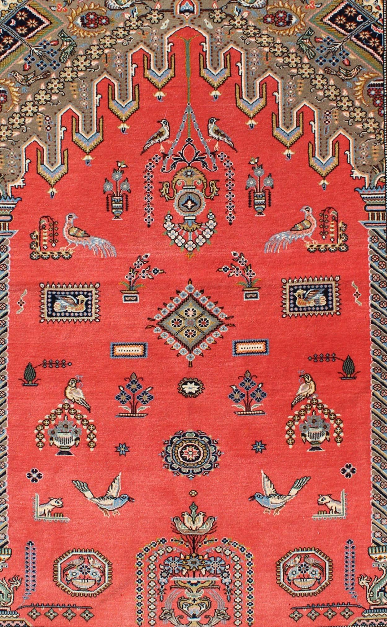 Tribal Vintage Fine Persian Qum Prayer Rug With Soft Red Field in Mihrab Design For Sale