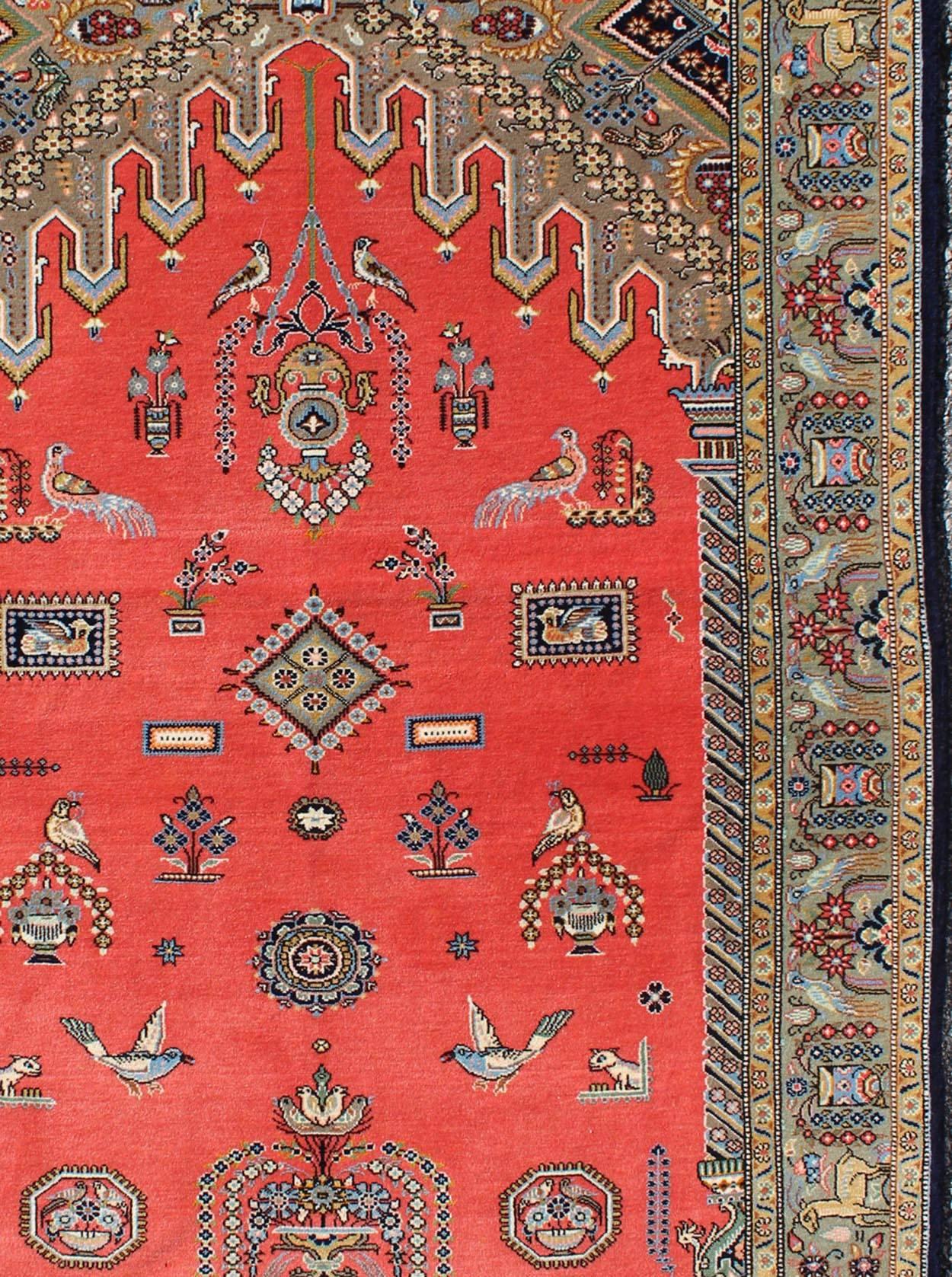 Hand-Knotted Vintage Fine Persian Qum Prayer Rug With Soft Red Field in Mihrab Design For Sale