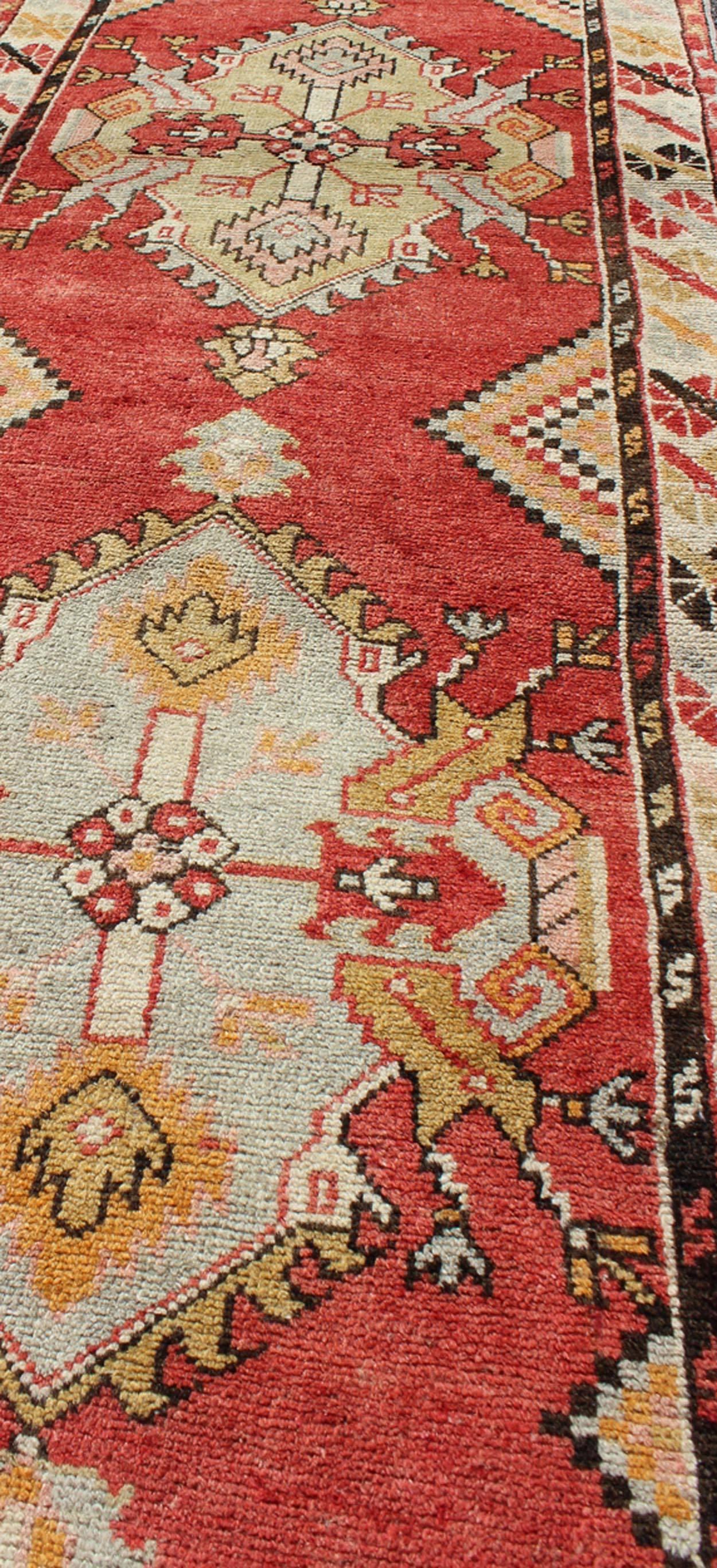 Hand-Knotted Sub-Geometric Tribal Vintage Oushak Runner from Turkey in Burnt Orange For Sale