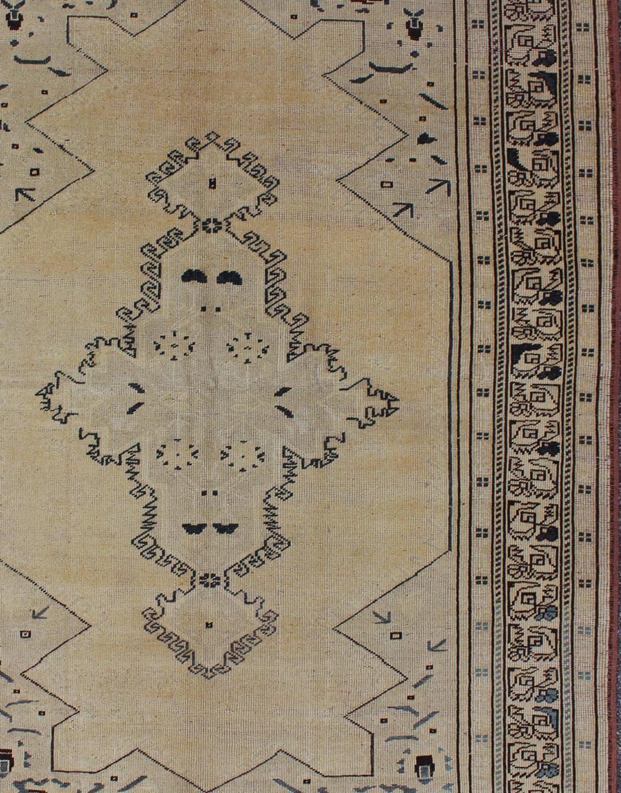 Hand-Knotted Vintage Turkish Oushak Geometric Rug in Butter, Cream, Black, Taupe & Teal  For Sale
