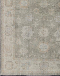 Large Turkish Oushak Rug with Large-Scale Blossom Design in Pale Moss Green