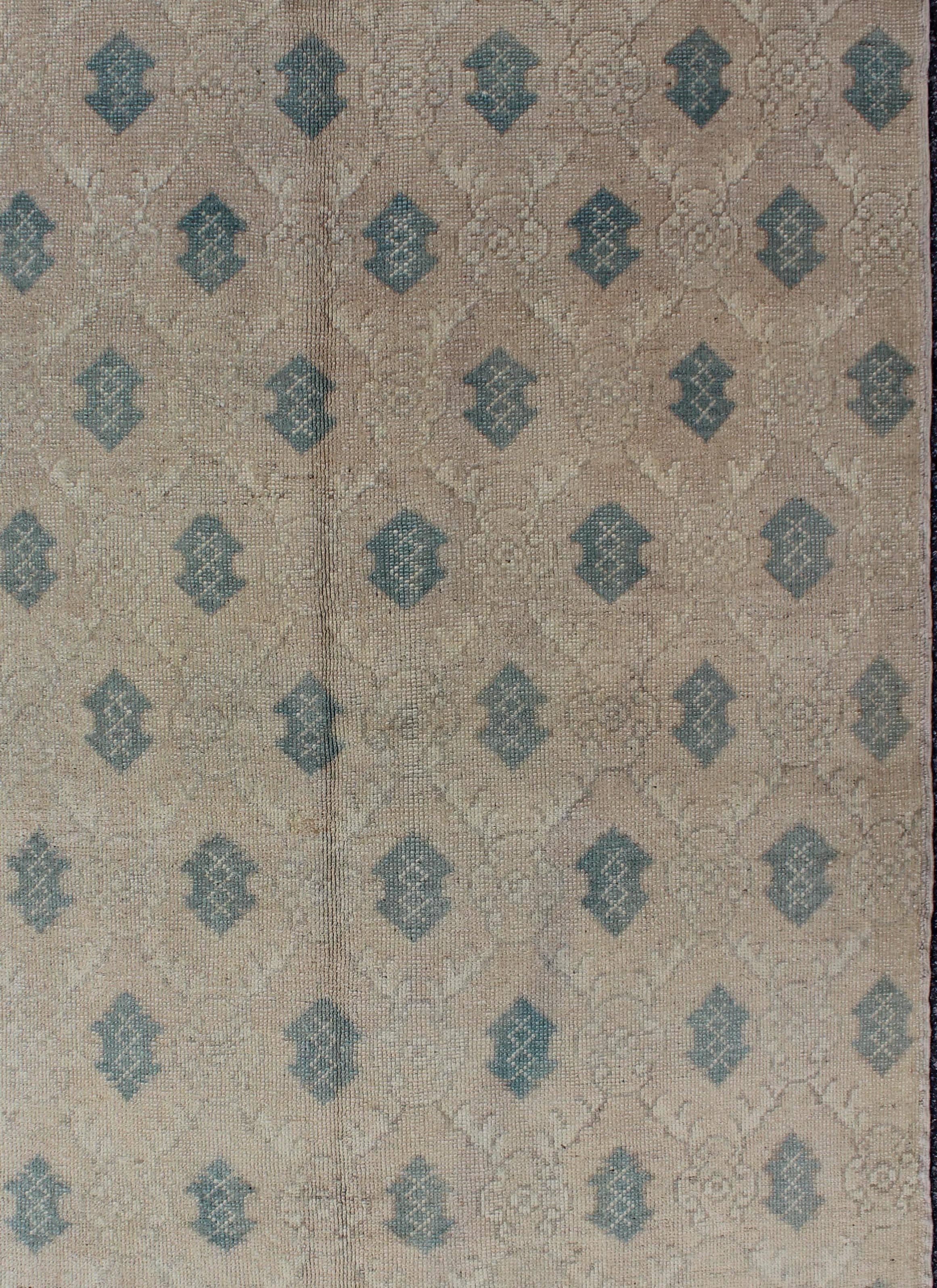 Hand-Knotted All-Over Design Vintage Turkish Oushak Rug in Shades of Cream and Teal For Sale