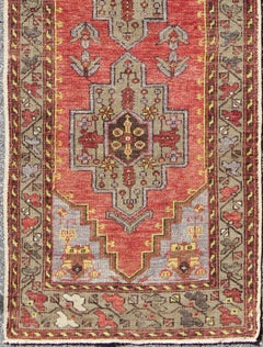 Cross Medallions Vintage Oushak Runner from Turkey in Burnt Orange and Olive
