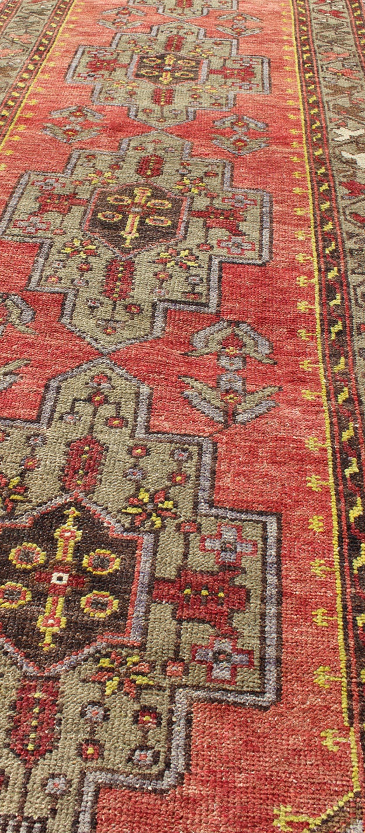 Hand-Knotted Cross Medallions Vintage Oushak Runner from Turkey in Burnt Orange and Olive For Sale