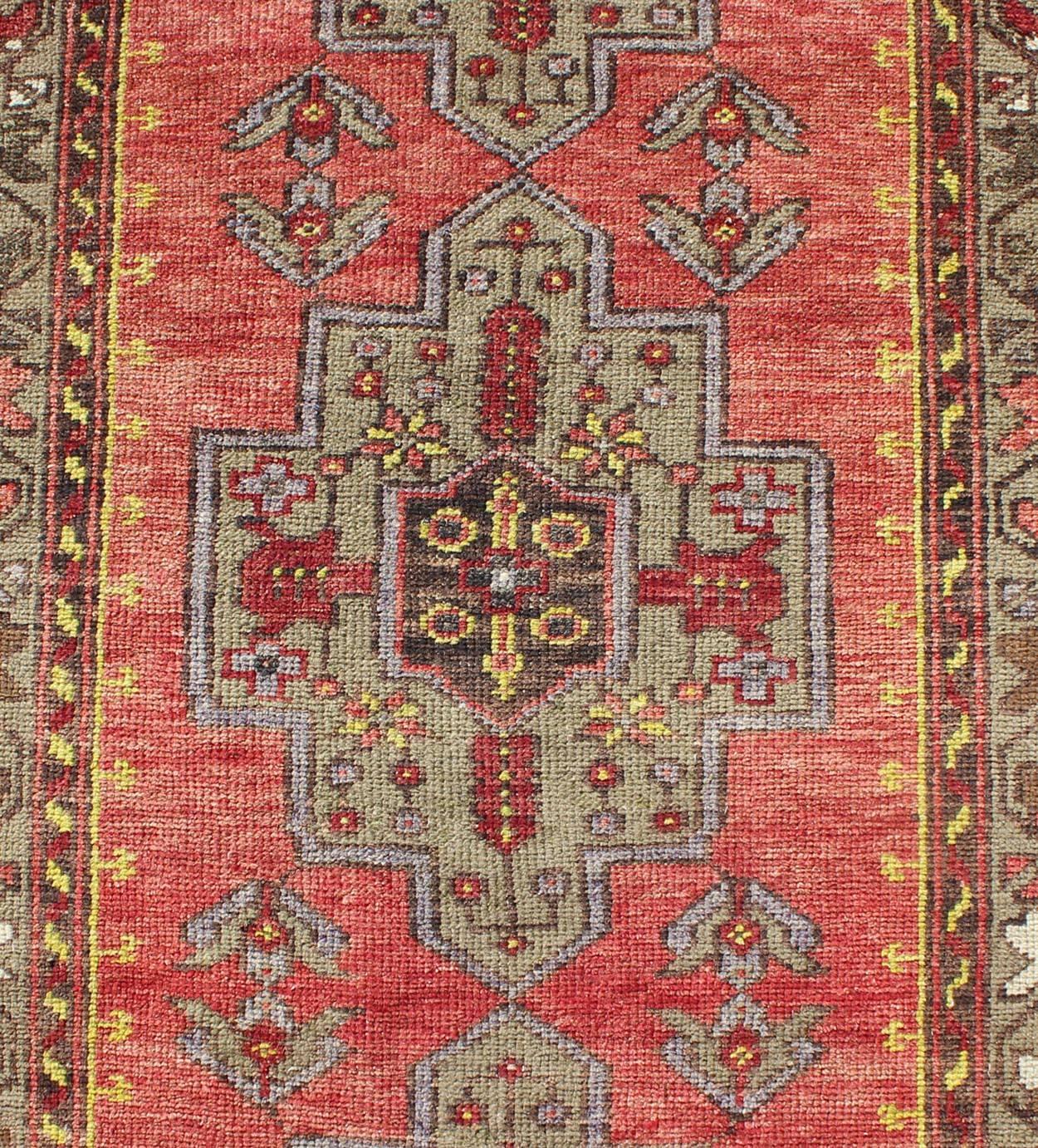 Cross Medallions Vintage Oushak Runner from Turkey in Burnt Orange and Olive In Excellent Condition For Sale In Atlanta, GA
