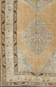 Vintage Turkish Oushak Runner in Taupe, Brown, Peach, Light Green