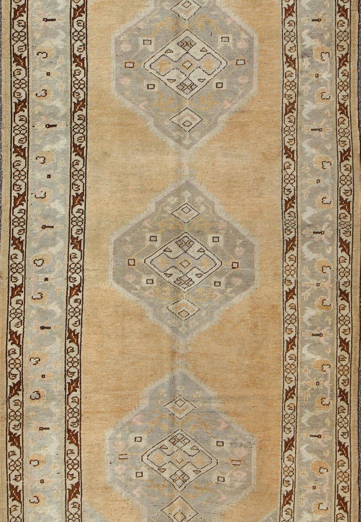 Hand-Knotted Vintage Turkish Oushak Runner in Taupe, Brown, Peach, Light Green For Sale
