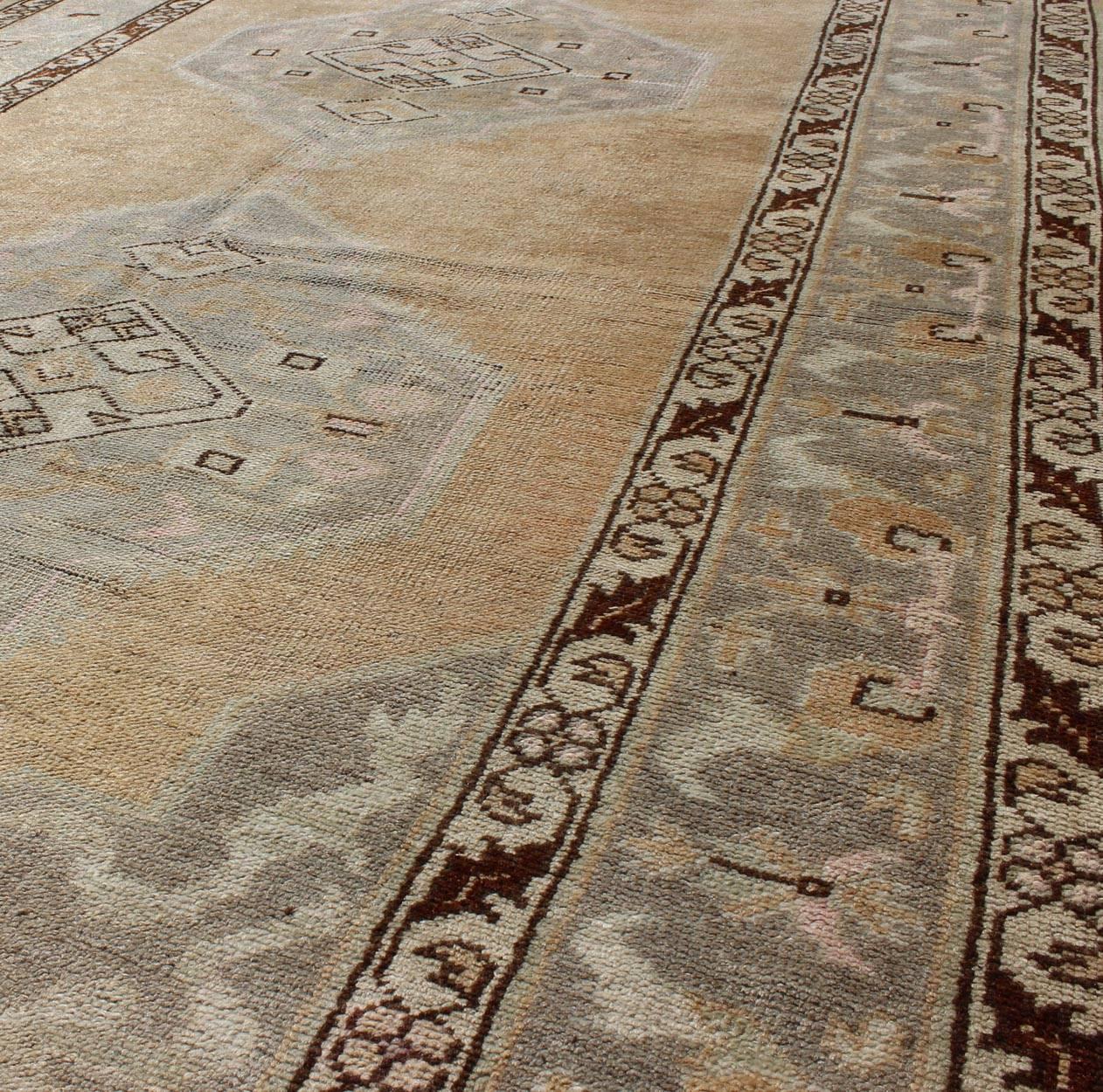 Mid-20th Century Vintage Turkish Oushak Runner in Taupe, Brown, Peach, Light Green For Sale