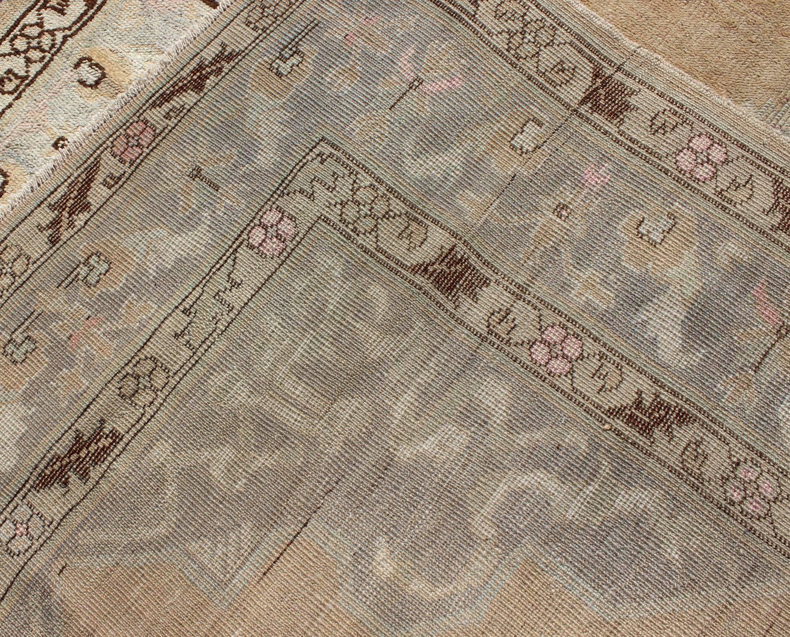 Vintage Turkish Oushak Runner in Taupe, Brown, Peach, Light Green For Sale 1