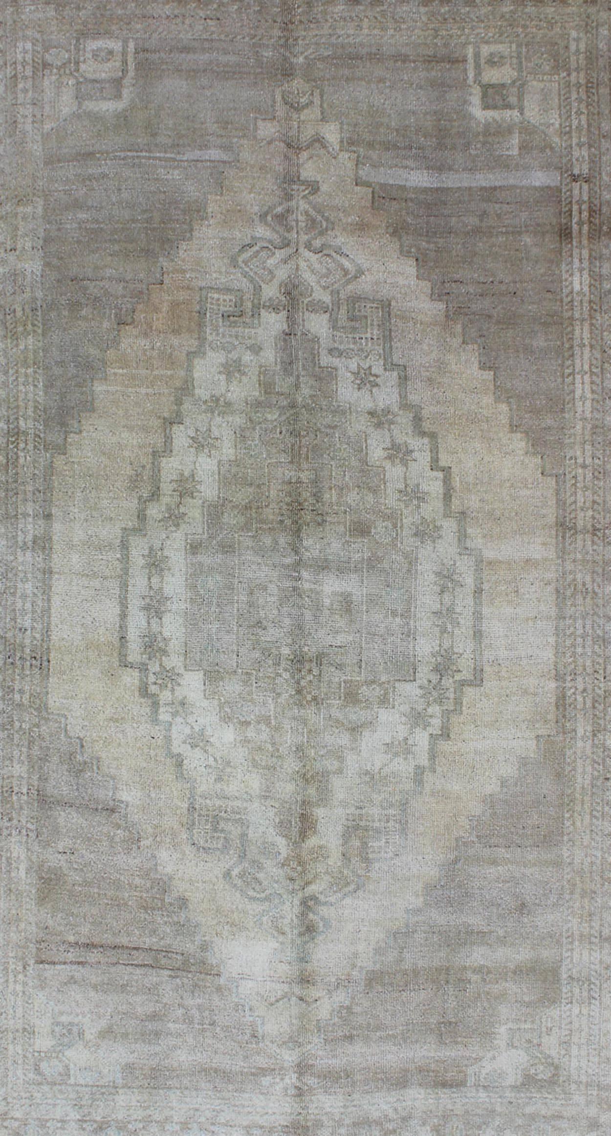Turkish Shades of Gray Oushak Vintage Rug from Turkey with Layered Medallion For Sale