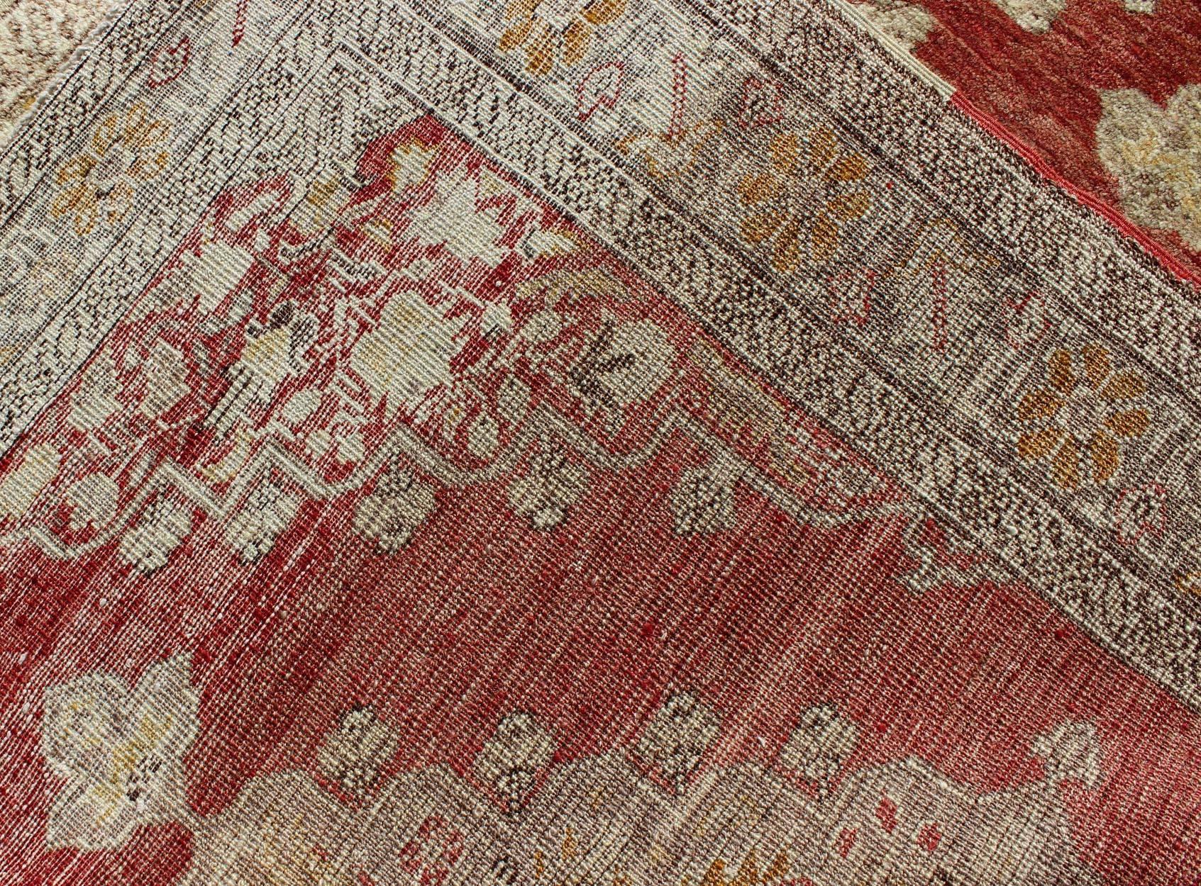Antique Turkish Oushak Runner with Red Background and Ivory/Cream Medallions For Sale 1