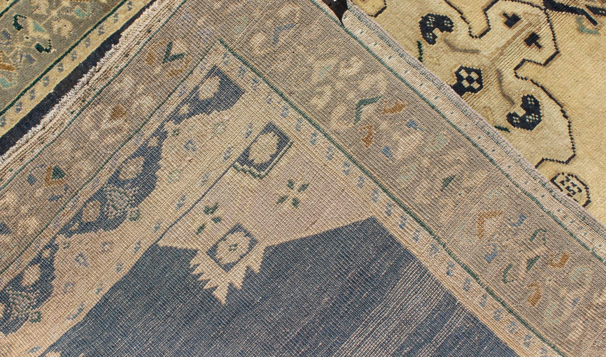 Wool Vintage Turkish Oushak Rug with Stylized Medallion in Midnight Blue and Cream For Sale