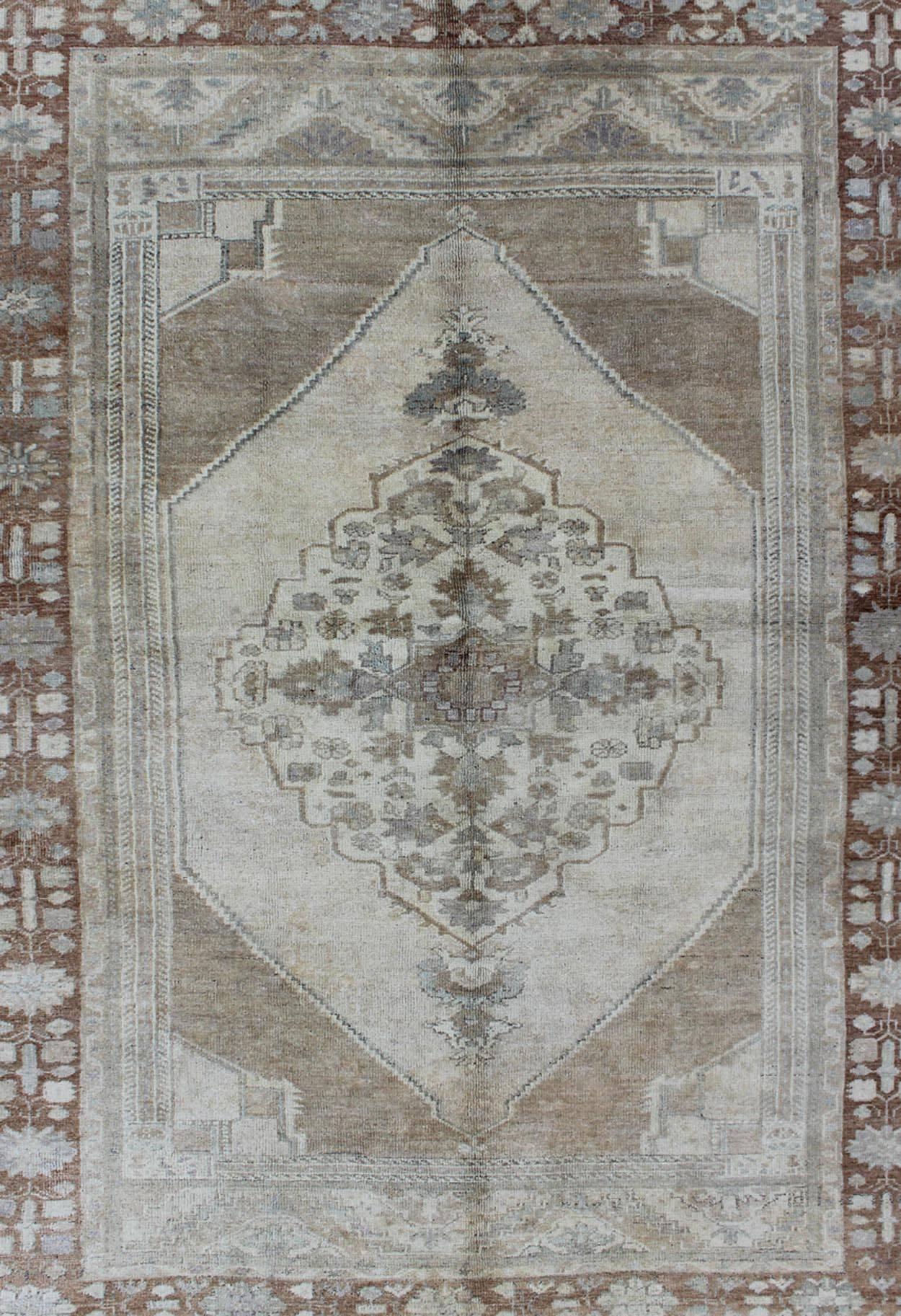 Hand-Knotted Vintage Turkish Oushak Rug with Layered Floral Medallion in Ivory, Gray, Brown