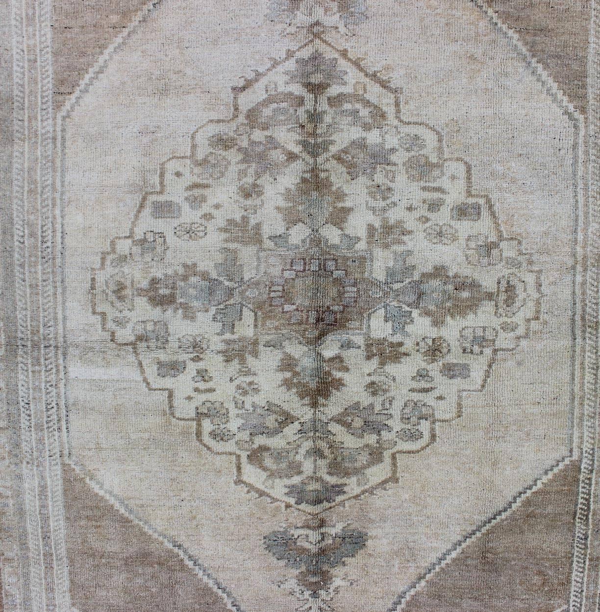 Wool Vintage Turkish Oushak Rug with Layered Floral Medallion in Ivory, Gray, Brown