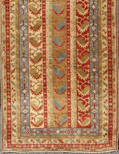 Antique Turkish Oushak Runner in Terracotta, Soft Blue, and Camel with Vertical