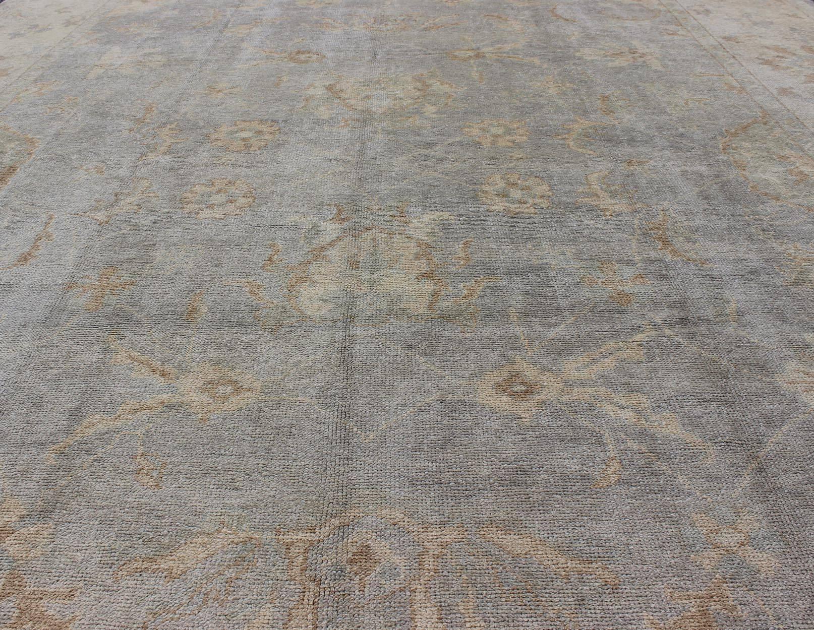 Hand-Knotted Faded Turkish Oushak Rug with All-Over Vining Floral Design in Grey and Cream