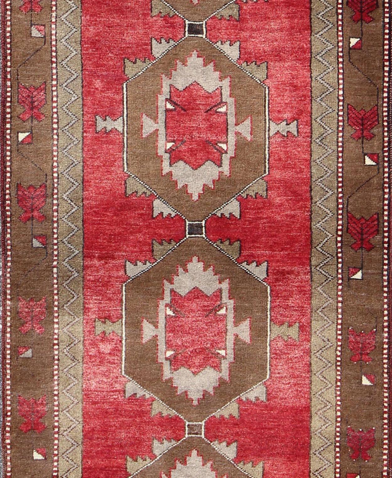 Hand-Knotted Striking Oushak Runner Turkish Vintage with Red and Brown Layered Medallions For Sale