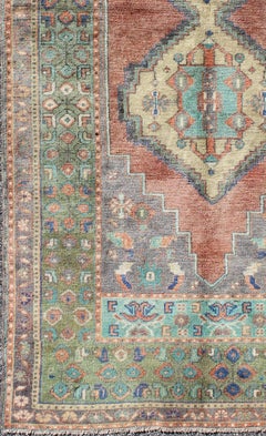 Vintage Turkish Oushak Rug with Brick Red Field, Pale Gold Medallions, and Green
