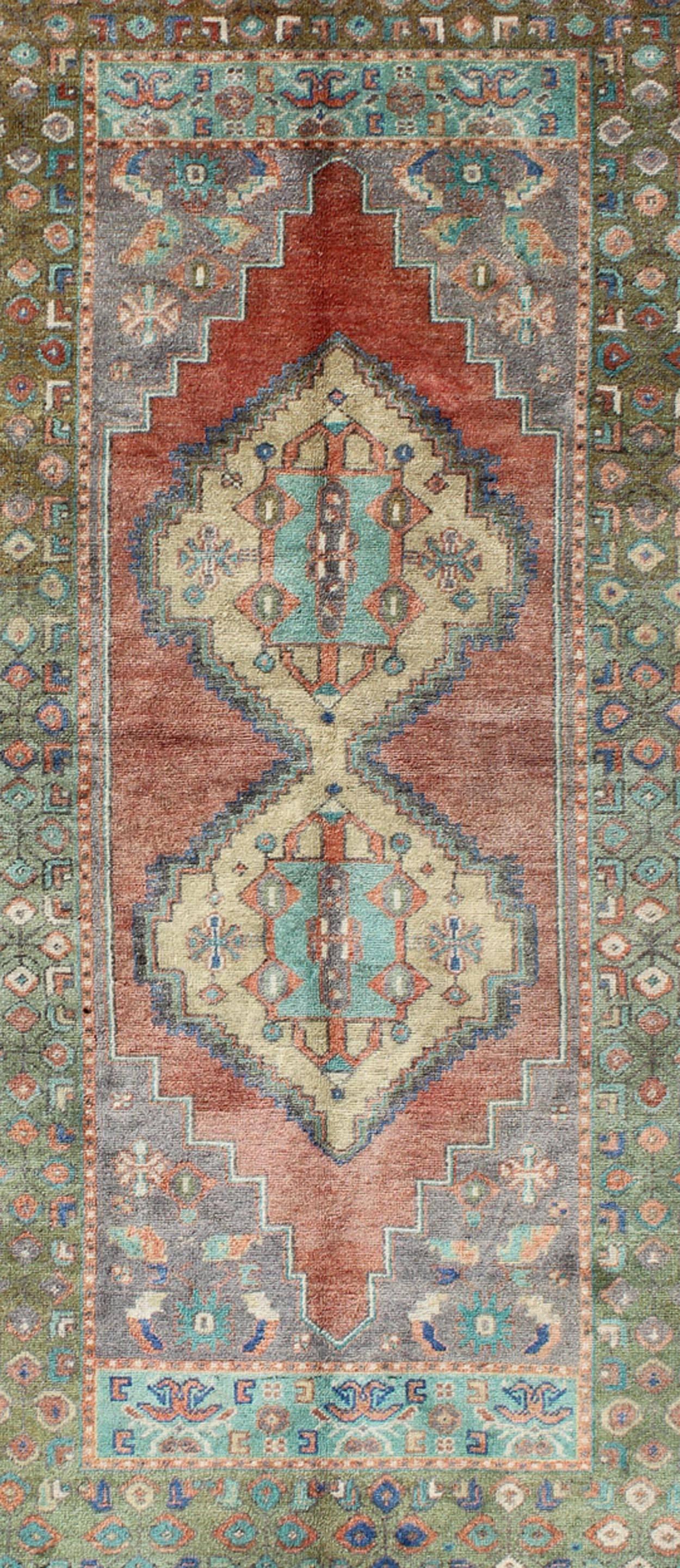 Hand-Knotted Green and Orange Turkish Oushak Rug Vintage Dual Diamond Medallions For Sale