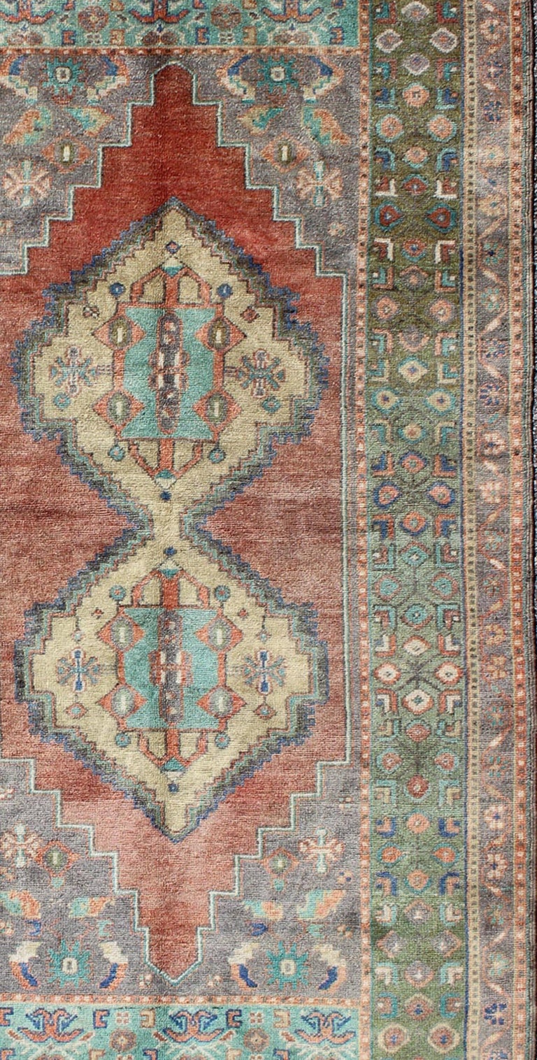 Green and Orange Turkish Oushak Rug Vintage Dual Diamond Medallions For