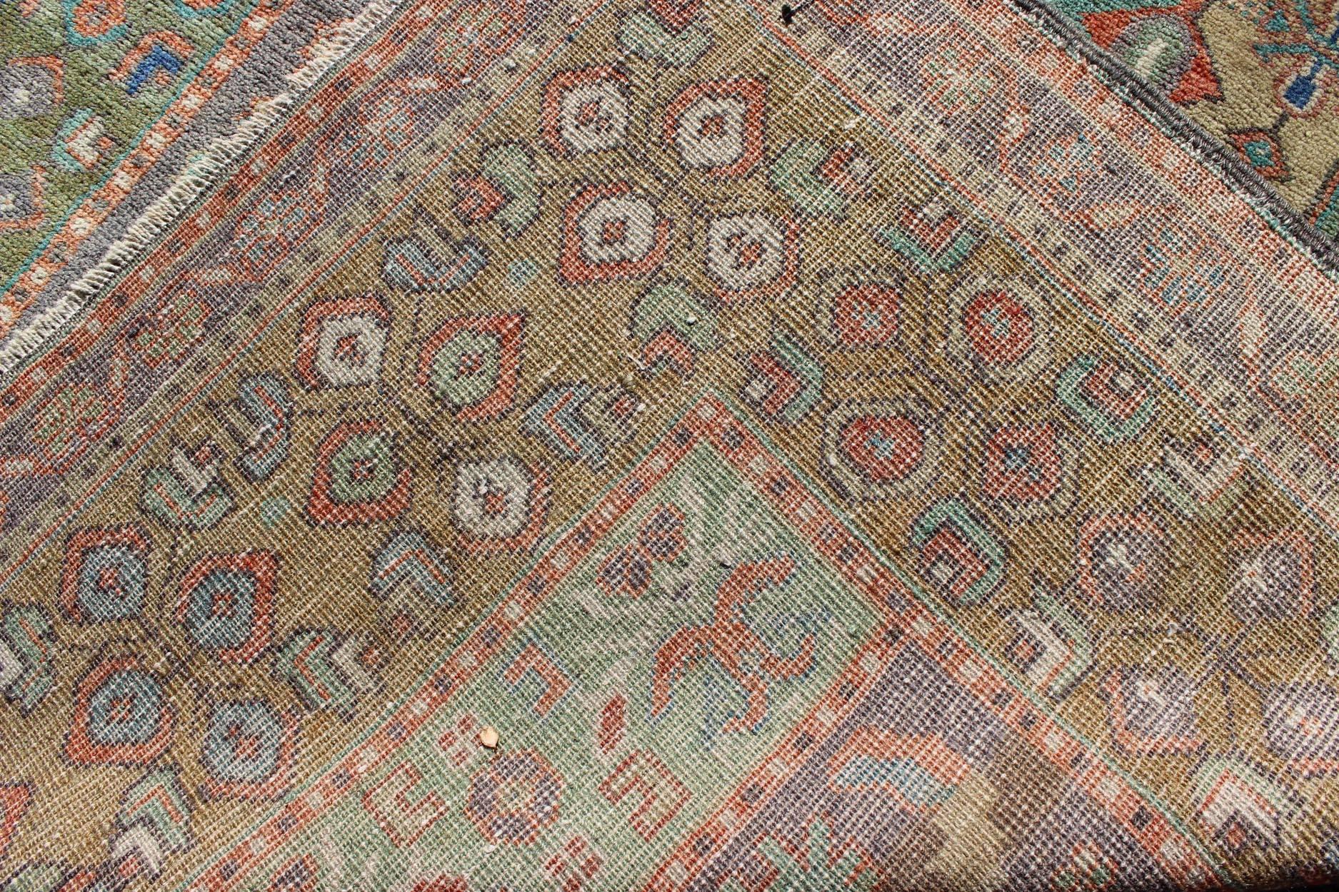 Alfombra Turca Oushak Verde y Naranja Medallones Diamantados Dobles Vintage Lana en venta