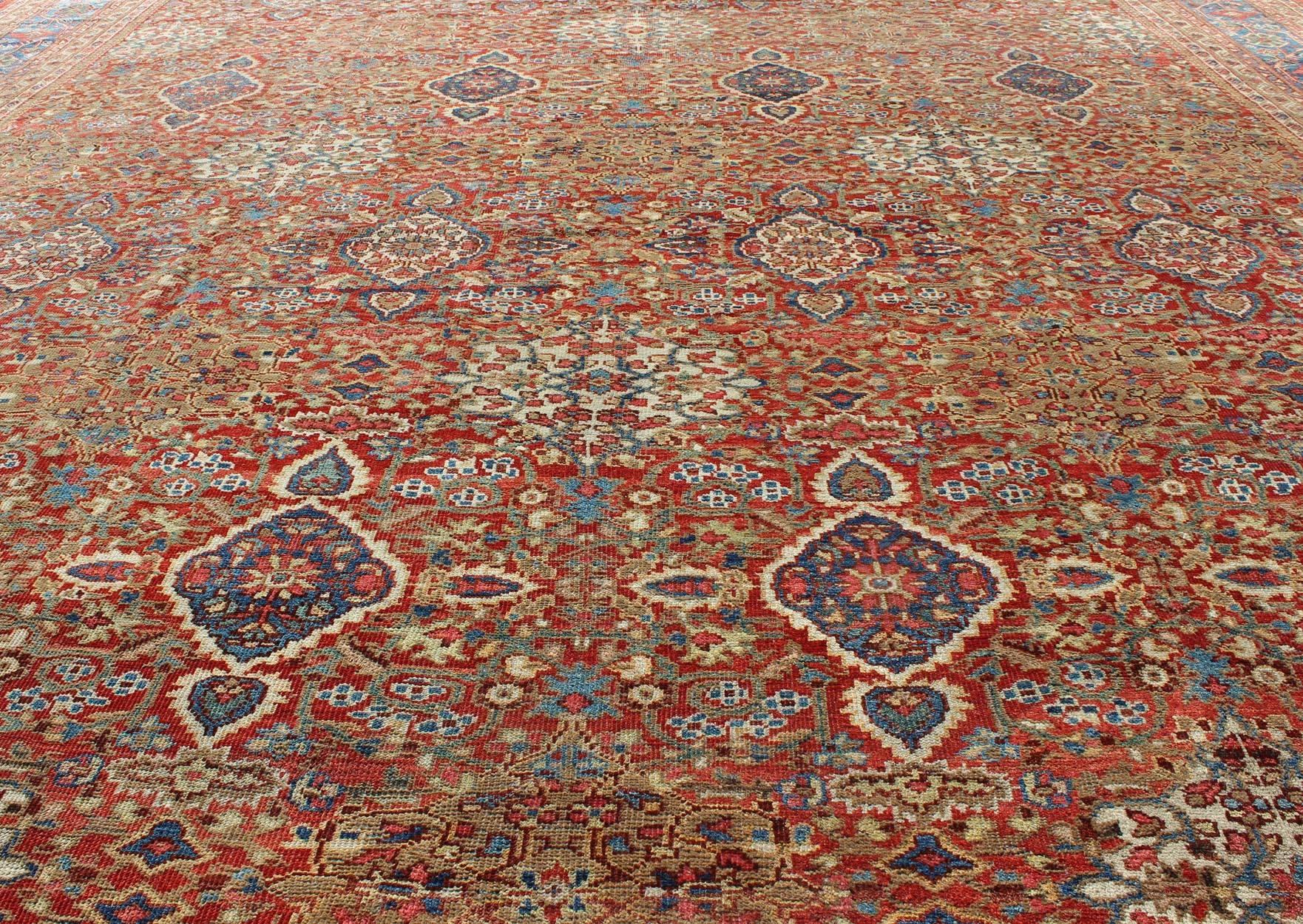 Hand-Knotted Late 19th Century Antique Sultanabad Persian Rug in Tomato Red and Light Blue For Sale
