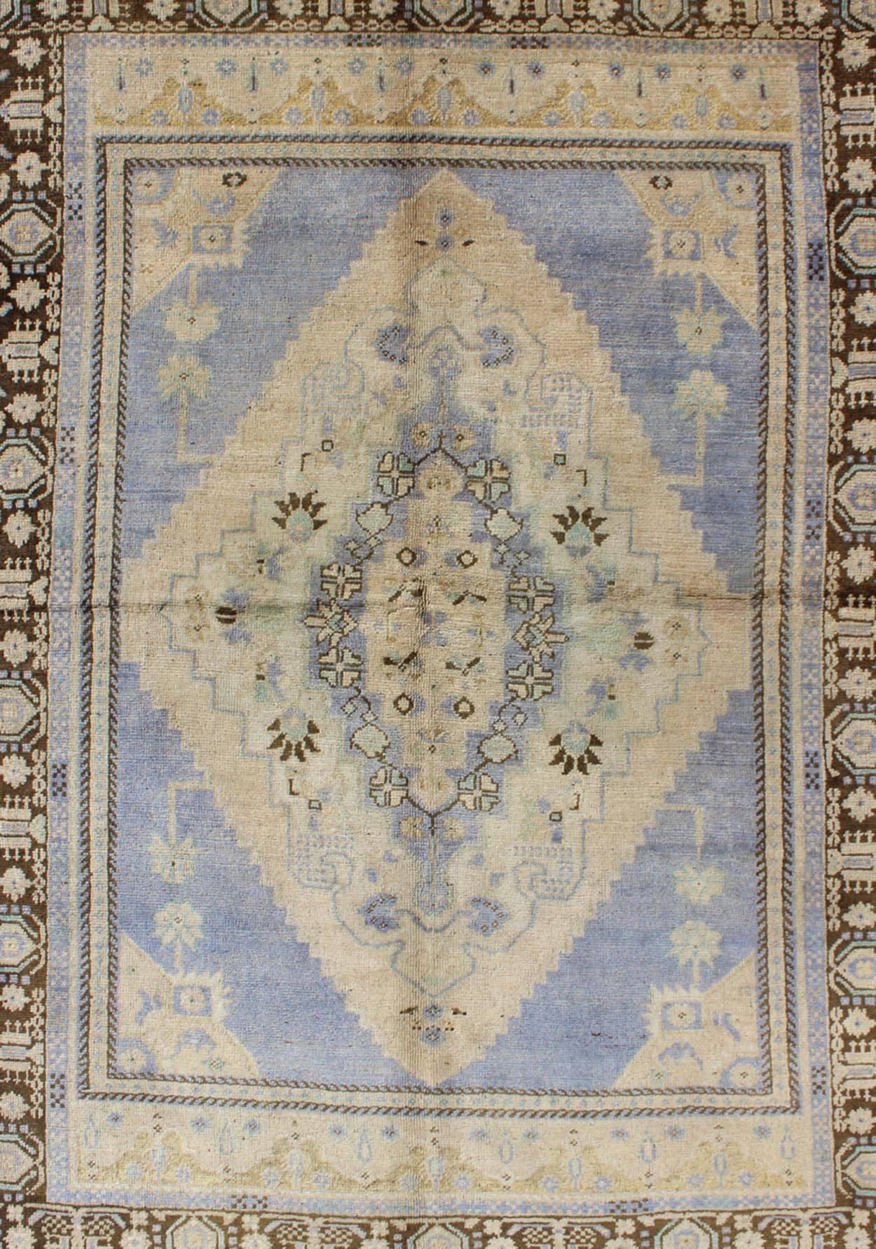 Hand-Knotted Light Purple and Cream Vintage Turkish Oushak Rug with Medallion Design For Sale