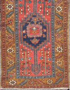 Burnt Orange Antique Persian Serapi Runner with Medallions and Tan Border