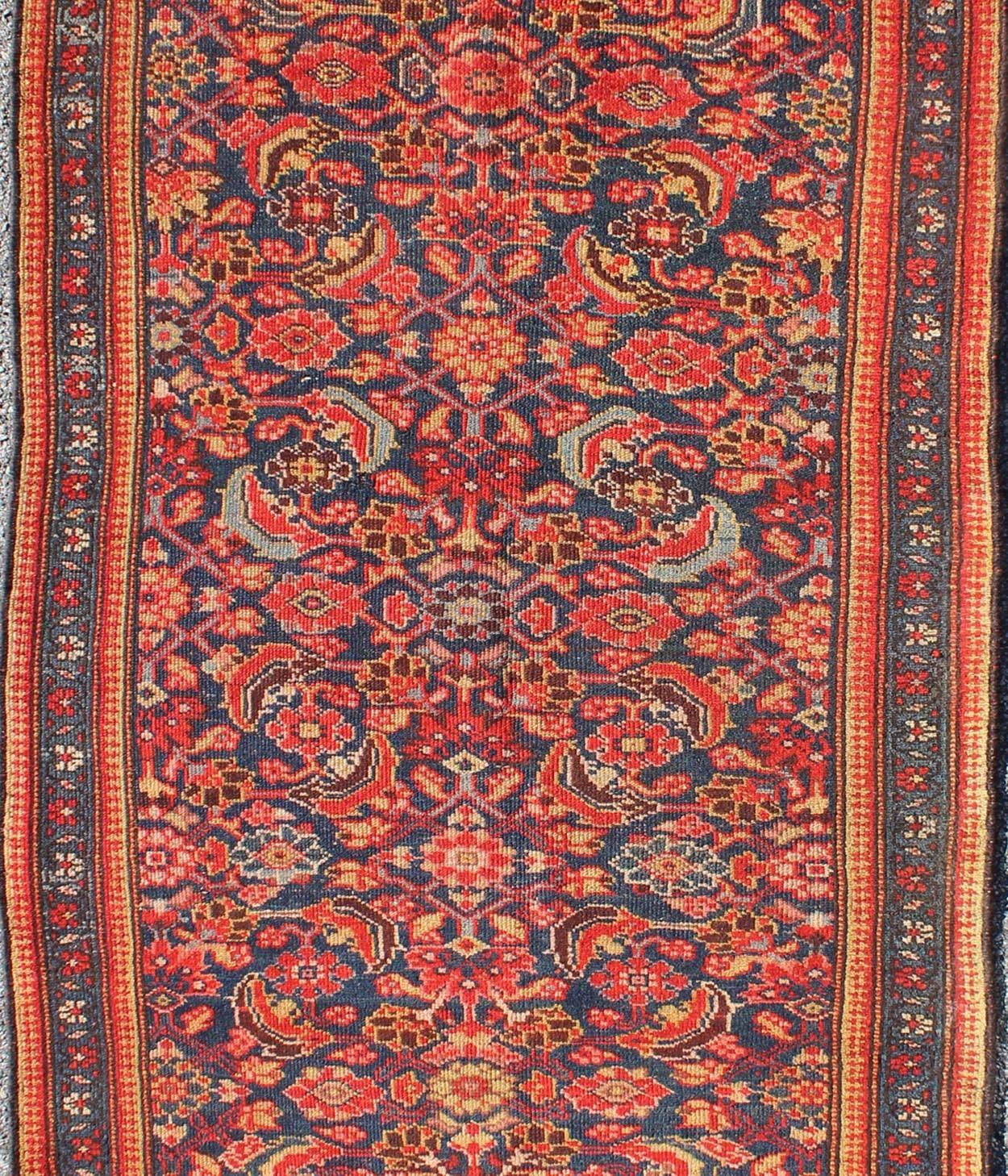 Hand-Knotted Red and Blue Antique Persian Malayer Rug with All-Over Floral Design For Sale