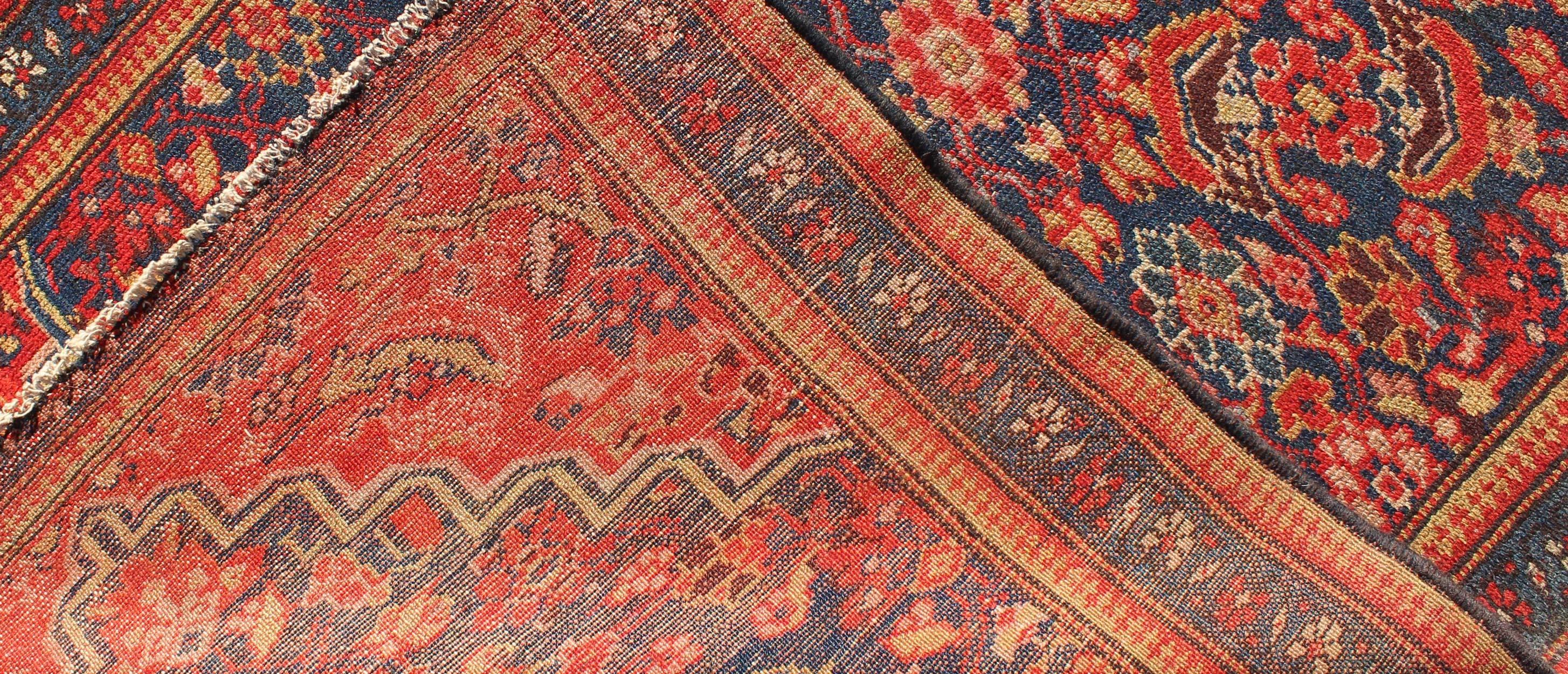 Red and Blue Antique Persian Malayer Rug with All-Over Floral Design For Sale 1