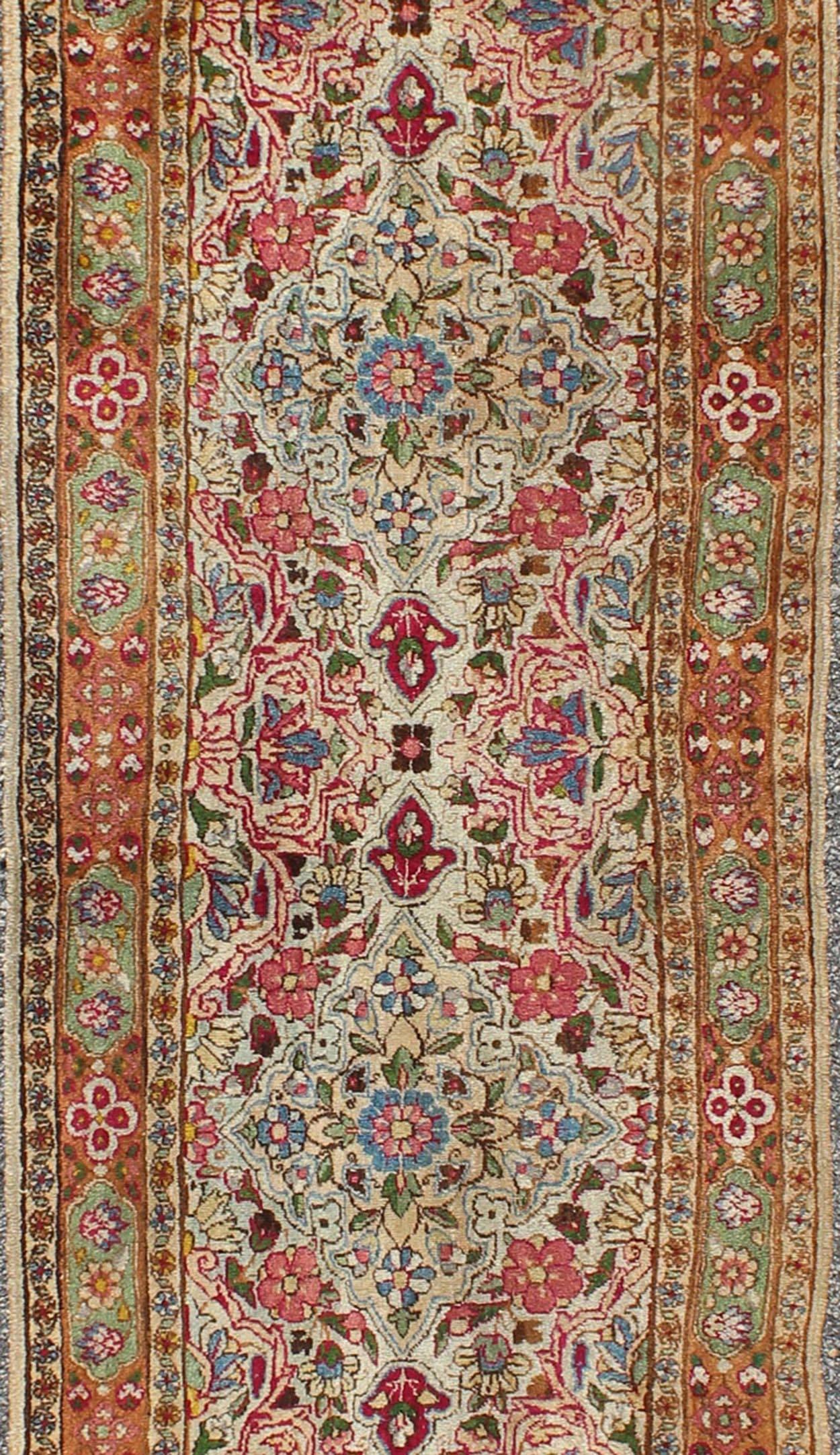 Hand-Knotted Indian Amritsar Antique Runner in Ivory, Red, Pink, Blue, Green