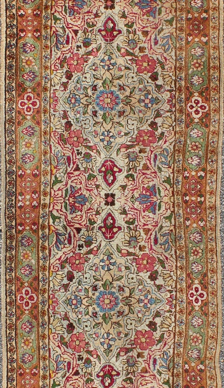 Indian Amritsar Antique Runner in Ivory, Red, Pink, Blue, Green at 1stDibs
