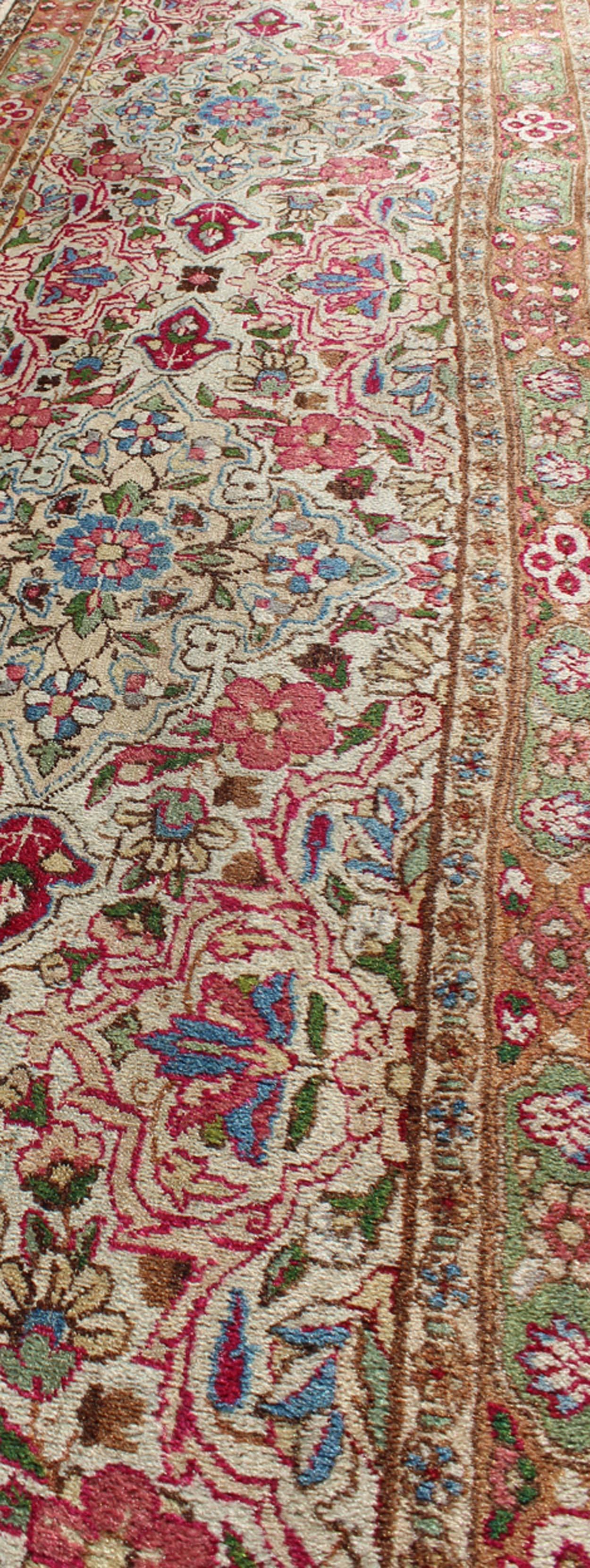 Indian Amritsar Antique Runner in Ivory, Red, Pink, Blue, Green In Excellent Condition In Atlanta, GA