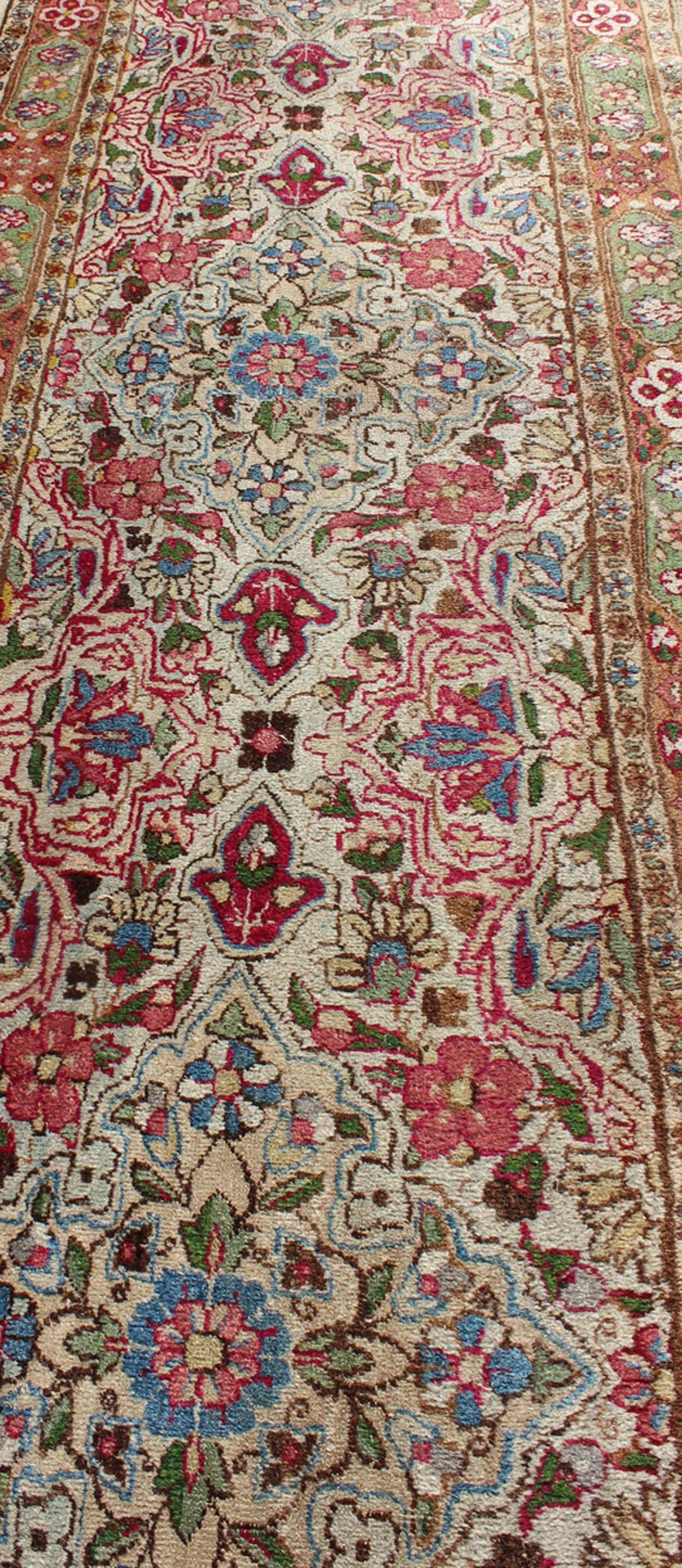 Early 20th Century Indian Amritsar Antique Runner in Ivory, Red, Pink, Blue, Green