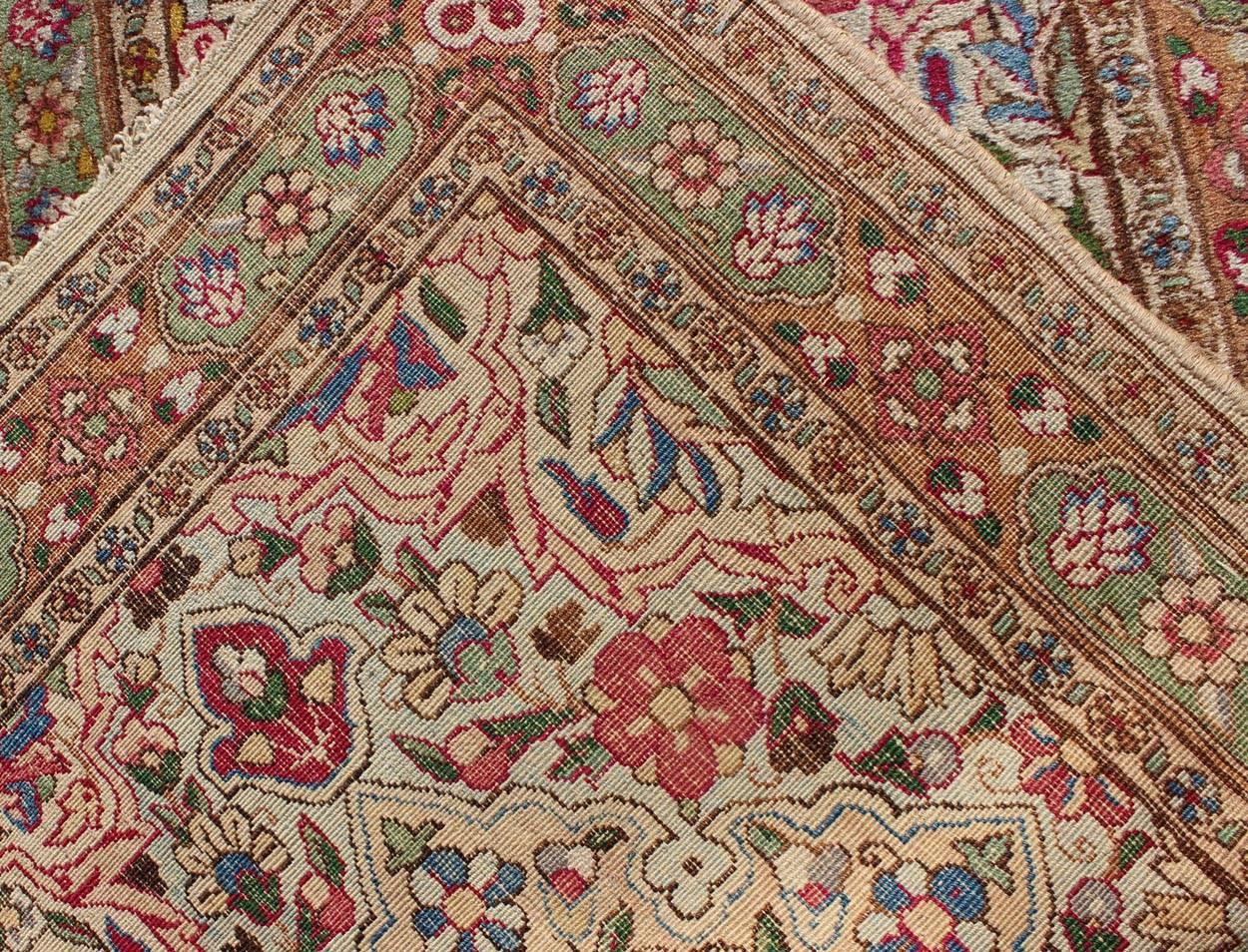 Wool Indian Amritsar Antique Runner in Ivory, Red, Pink, Blue, Green