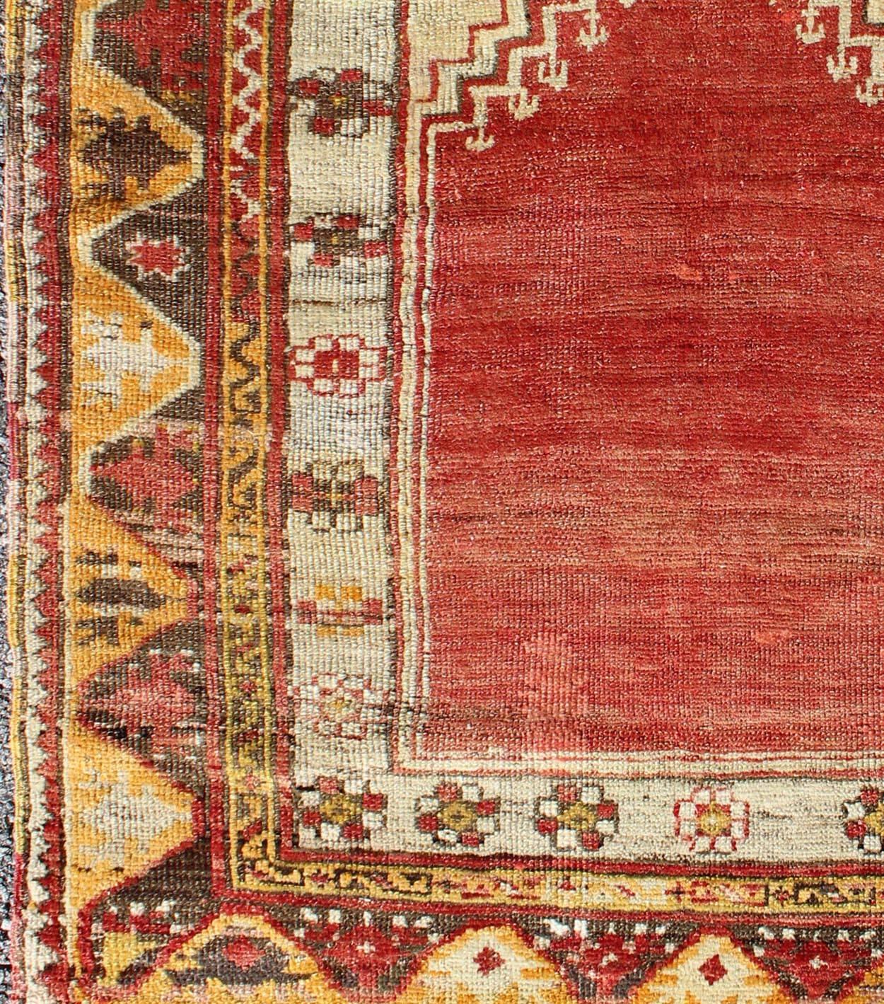 1920s Antique Turkish Oushak Prayer Rug in Red, Ivory, Orange, Cream and Brown, rug ca-12783, country of origin / type: Turkey / Oushak, circa 1920

This antique Turkish rug (circa early 20th century) features an intricately beautiful design. The