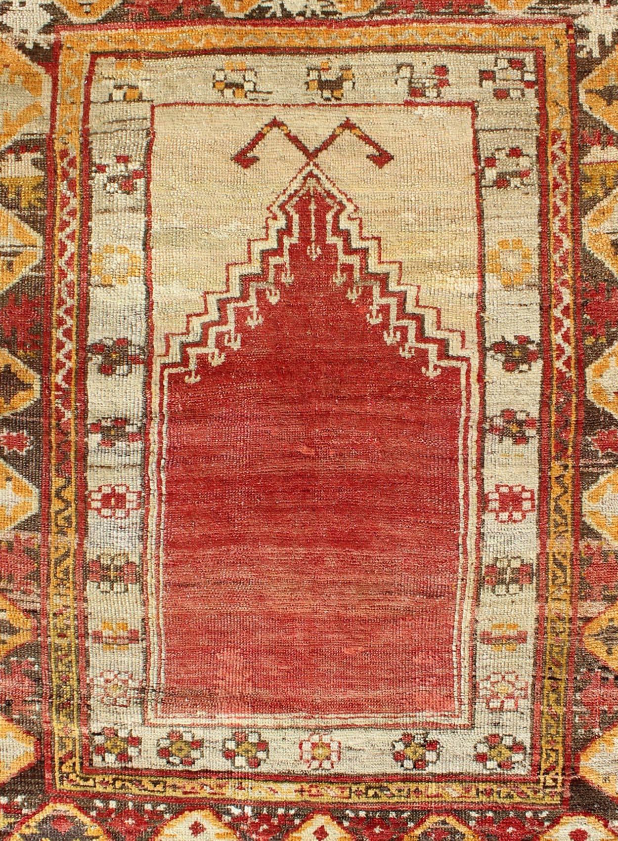 Hand-Knotted 1920s Antique Turkish Oushak Prayer Rug in Red, Ivory, Orange, Cream and Brown