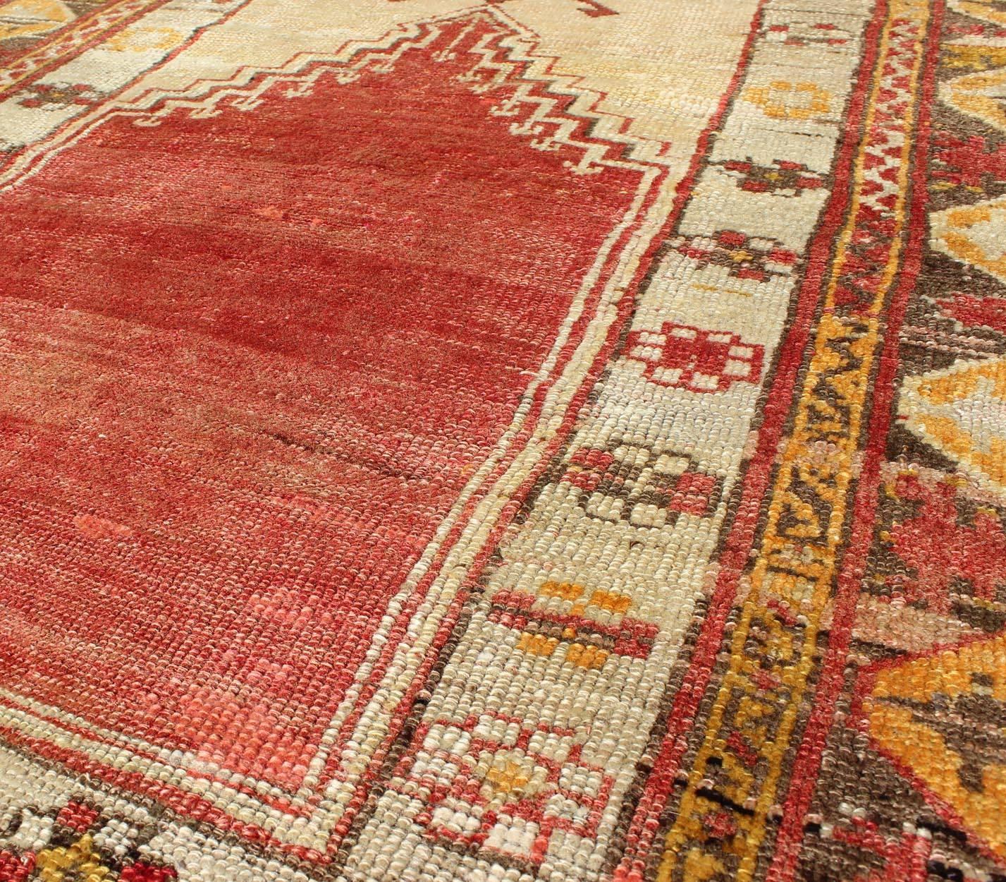 Early 20th Century 1920s Antique Turkish Oushak Prayer Rug in Red, Ivory, Orange, Cream and Brown